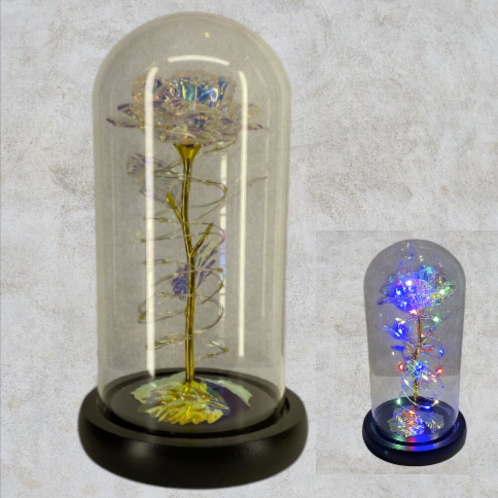 LOVE FOREVER LED ROSE -- Metallic Rose Inside Glass Dome, Lighted, LED, Like New